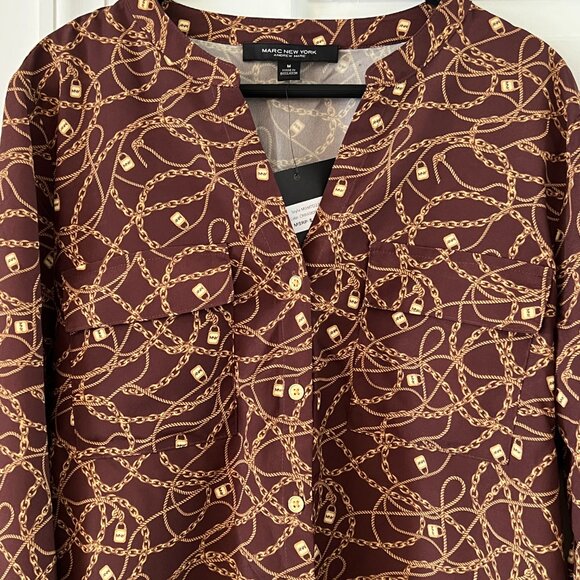 Marc New York Women's Brown Gold Chain Print Button Up Sleeve Blouse Top, Size M - Picture 2 of 11
